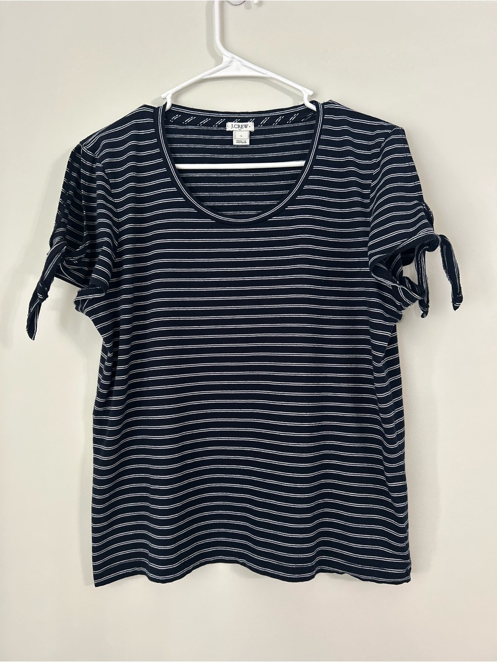 J.Crew Striped Tee Scoop Neck Top Womens L Navy White Tie Sleeve Cotton Shirt